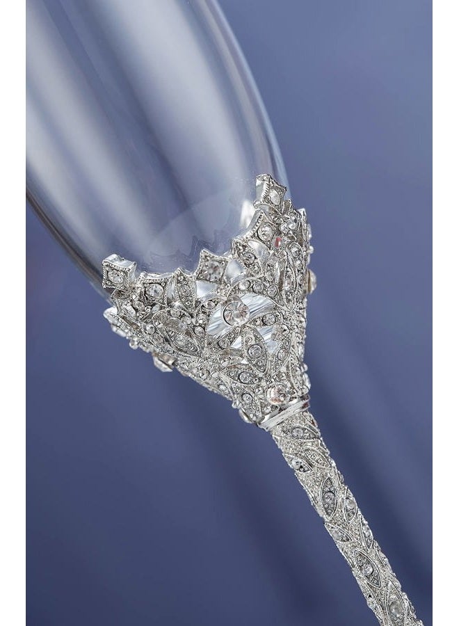 Jozen Gift Champagne Flutes - Crystal Glass Metal Base With Crystal Stones, Set of 2 Toasting Flute Pair, Wedding Anniversary Party Birthday Banquets and Gifts for Bride and Groom7oz - Image 2