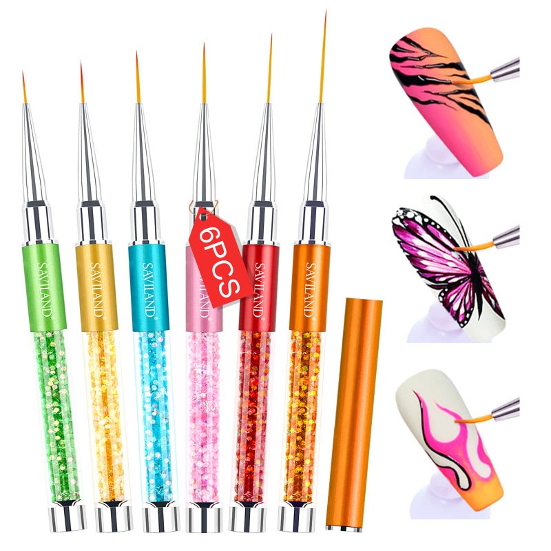 Saviland 6pcs Nail Art Liner Brushes Set: Nail Gel Polish Painting Nail Art Design Brush Pen Set with Crushed Diamond Rhinestones Handle for Pulling Lines, Sizes 7/9/11/13/17/23 mm, Christmas Gifts - Image 1