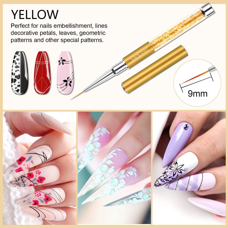 Saviland 6pcs Nail Art Liner Brushes Set: Nail Gel Polish Painting Nail Art Design Brush Pen Set with Crushed Diamond Rhinestones Handle for Pulling Lines, Sizes 7/9/11/13/17/23 mm, Christmas Gifts - Image 3