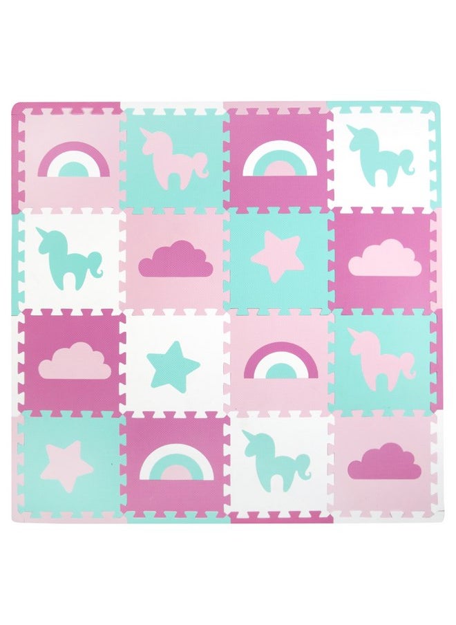Tadpoles Tadpoles Rainbows and Unicorns Foam Playmats for Kids, 16 Interlocking Foam Tiles, Waterproof, Durable, & Long-Lasting | Total Floor Coverage 50” x 50” | for Ages 3 & Up | Pink, Blue, Purple, & White  - Image 1
