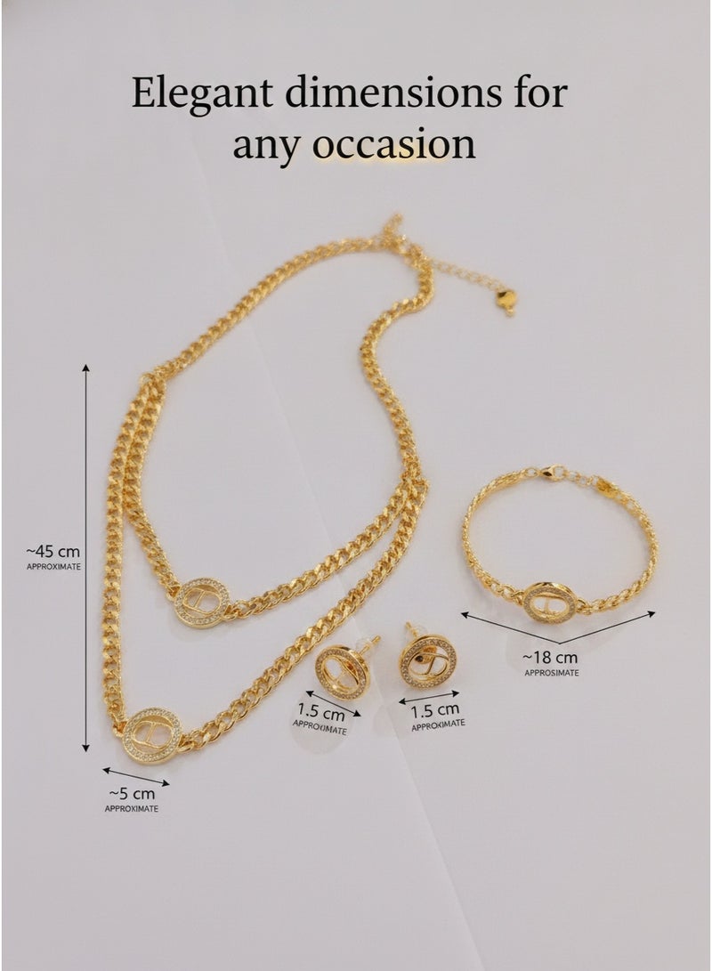 Round classic DD letter jewelry three piece set, double-layer stacked necklace jewelry set, gift box necklace bracelet earring jewelry set - Image 2