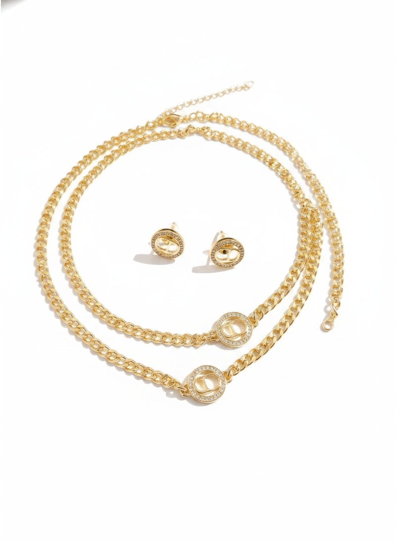 Round classic DD letter jewelry three piece set, double-layer stacked necklace jewelry set, gift box necklace bracelet earring jewelry set - Image 1