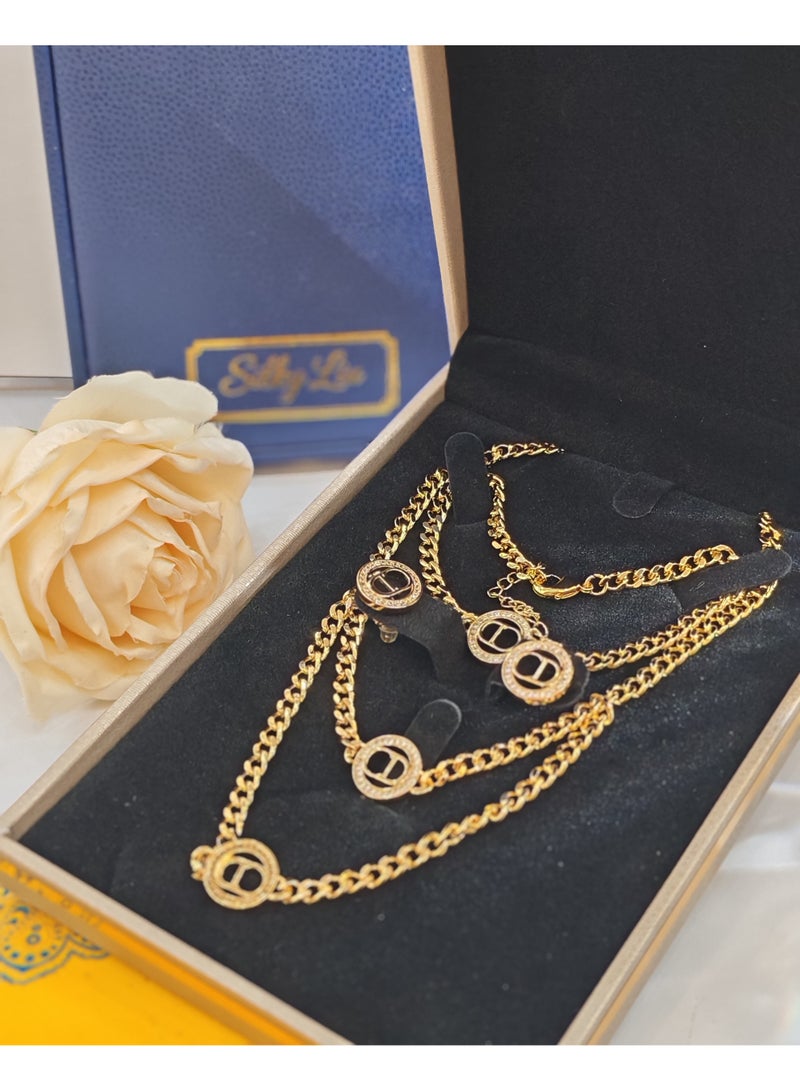Round classic DD letter jewelry three piece set, double-layer stacked necklace jewelry set, gift box necklace bracelet earring jewelry set - Image 5