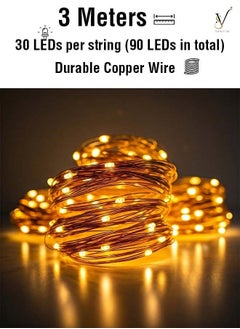 VIEW STAR Viewstar Pack of 3 (9 Meters) Battery Powered LED Fairy String Lights - LED Lights - Decor Lights - Home Lights – Warm White Decorative Lights for Indoor & Outdoor Use, Flexible Copper Wire Lights for Parties, Weddings, Home Décor, and Festive Events (Includes Batteries, Yellow)  - Image 4