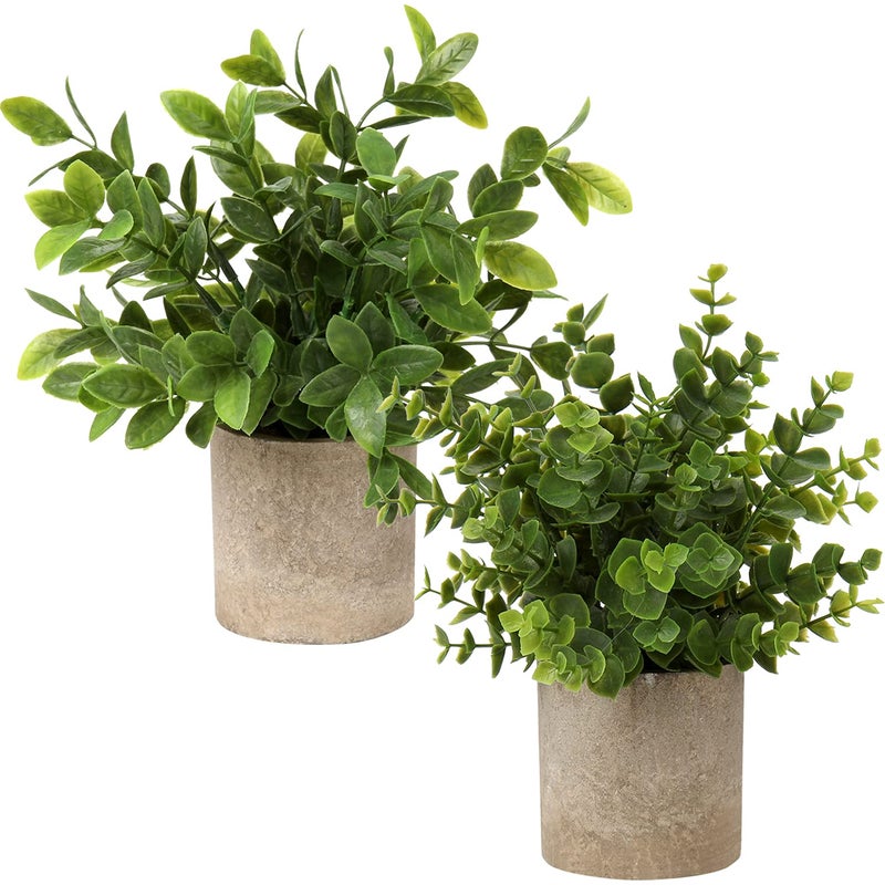 Briful Artificial Potted Plants Set of 2 Small Faux Plant Eucalyptus Mini Fake Plant Decor for Home Table Office Room Desk Bathroom Shelf Kitchen Rustic Farmhouse Mantel Decoration