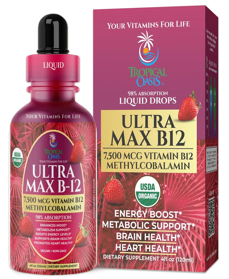 Tropical Oasis USDA Organic Ultra Max B12 Superdose 7500mcg Vitamin B12 Liquid Drops B12 as Methylcobalamin Max 98 Absorption Rate Promotes Energy Vegan NonGMO Strawberry flavor 4oz