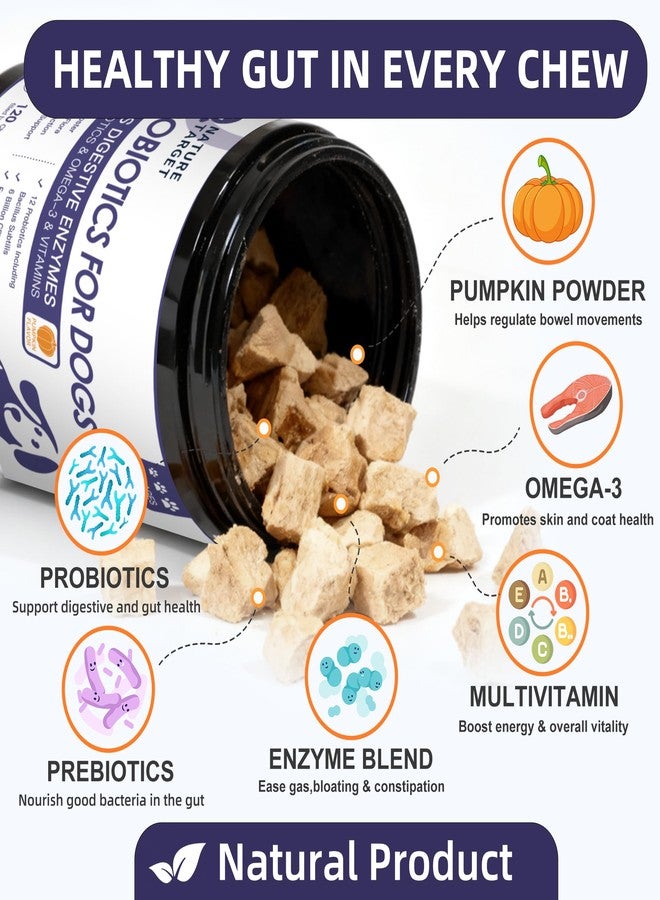 NATURE TARGET Probiotics for Dogs, 6 Billion Dog Probiotics with Prebiotics & Enzymes for Digestive & Gut Health, Pumpkin, Omega-3 & Multivitamins for Itchy Skin, Allergies, 120 Dogs Probiotics Chews - Image 2