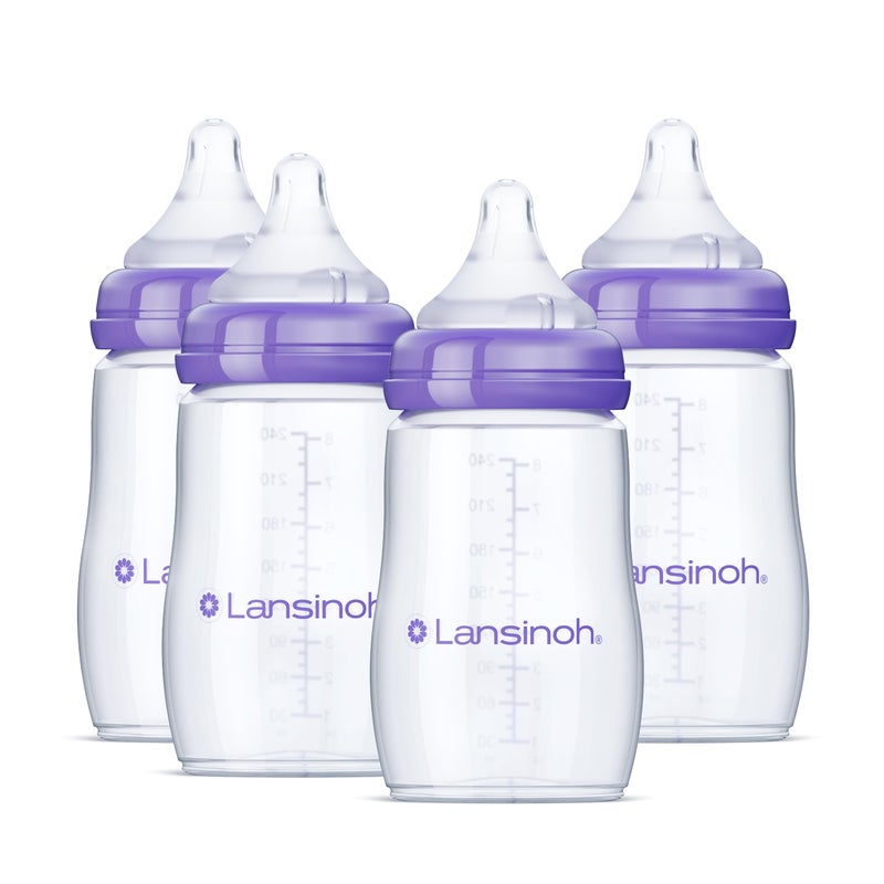 Lansinoh Anti-Colic Baby Bottles, BPA-Free Plastic, 8 Ounces, 4 Count, Medium Flow Nipples (Size M), Breastfeeding Bottle with NaturalWave Design - Image 1