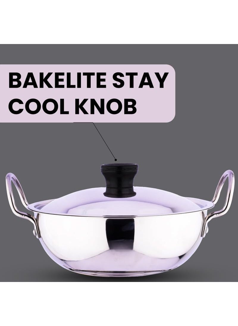 EUROstyle KITCHENWARE COOK WITH COMFORT EUROstyle KITCHENWARE COOK WITH COMFORT Premium Stainless Steel Kadai With Lid Induction Friendly 14L Stainless Steel Eus_Kadai_Wl_14  - Image 4
