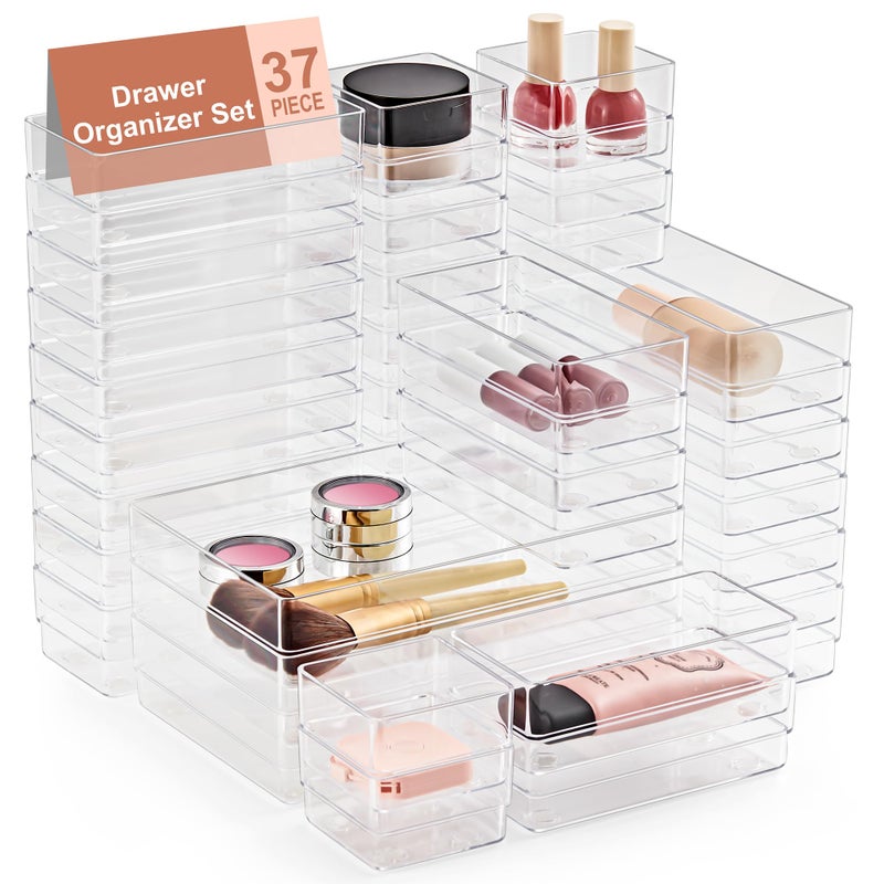 SMARTAKE 37-Piece Drawer Organizer with Non-Slip Silicone Pads, 4-Size Desk Drawer Organizer Trays Storage Tray for Makeup, Jewelries, Utensils in Bedroom Dresser, Office and Kitchen (Clear) - Image 1