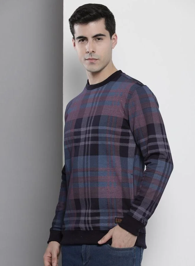 The Indian Garage Co Men Regular Fit Checked Crew Neck Full Sleeves Sweatshirt