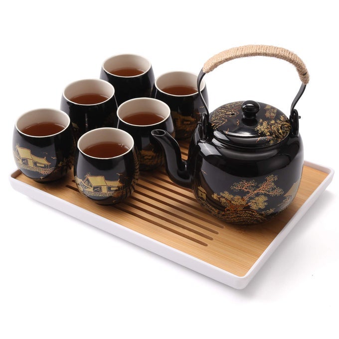 JAPANESE TEA SET BLACK PORCELAIN TEA SET WITH 1 TEAPOT SET 6 TEA CUPS 1 TEA TRAY 1 STAINLESS INFUSER BEAUTIFUL ASIAN TEA SETS FOR ADULTS TEA LOVERWOMENMEN COUNTRYSIDE IN GOLDEN