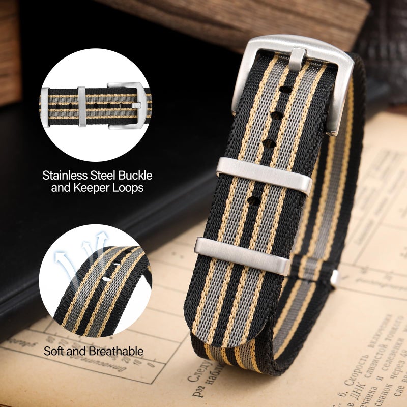 watchdives Nylon Watch Band 18mm 20mm 22mm Multicolor Replacement Watch Straps for Men Women (Black Yellow Gray, 20mm) - Image 4