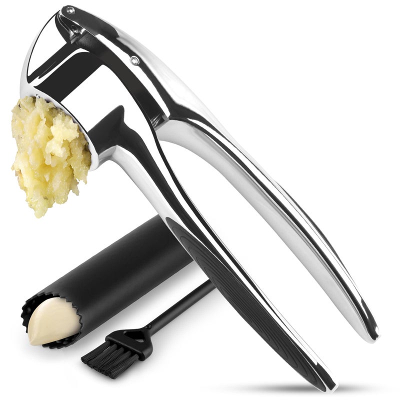 Zulay Kitchen Premium Garlic Press Set â€“ Rust Proof & Dishwasher Safe Garlic Mincer Tool with Silicone Garlic Peeler & Brush, Easy Squeeze & Clean, Ergonomic Soft Grip Handle - Medium â€“ Chrome - Image 1