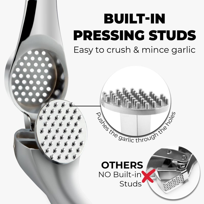 Zulay Kitchen Premium Garlic Press Set â€“ Rust Proof & Dishwasher Safe Garlic Mincer Tool with Silicone Garlic Peeler & Brush, Easy Squeeze & Clean, Ergonomic Soft Grip Handle - Medium â€“ Chrome - Image 3