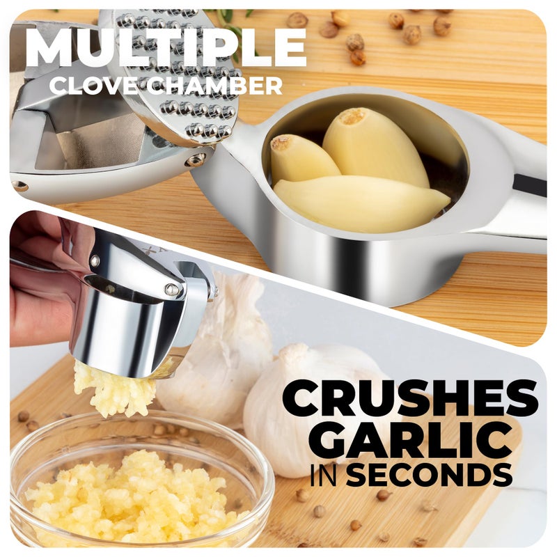 Zulay Kitchen Premium Garlic Press Set â€“ Rust Proof & Dishwasher Safe Garlic Mincer Tool with Silicone Garlic Peeler & Brush, Easy Squeeze & Clean, Ergonomic Soft Grip Handle - Medium â€“ Chrome - Image 4