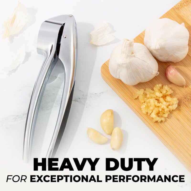 Zulay Kitchen Premium Garlic Press Set â€“ Rust Proof & Dishwasher Safe Garlic Mincer Tool with Silicone Garlic Peeler & Brush, Easy Squeeze & Clean, Ergonomic Soft Grip Handle - Medium â€“ Chrome - Image 5