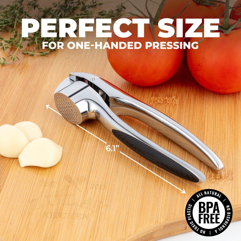 Zulay Kitchen Premium Garlic Press Set â€“ Rust Proof & Dishwasher Safe Garlic Mincer Tool with Silicone Garlic Peeler & Brush, Easy Squeeze & Clean, Ergonomic Soft Grip Handle - Medium â€“ Chrome - Image 2