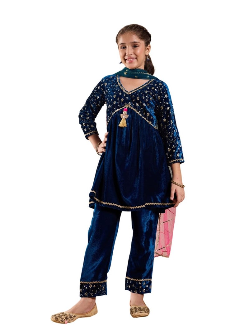 Pspeaches Girls Velvet 3/4th Sleeves V-Neck Embroidered Kurta And Pant With Dupatta 3 Piece Set|Ethnic Wear For Kids Girls|Traditional & Festive Outfit 12-13 Year Teal Blue - Image 1