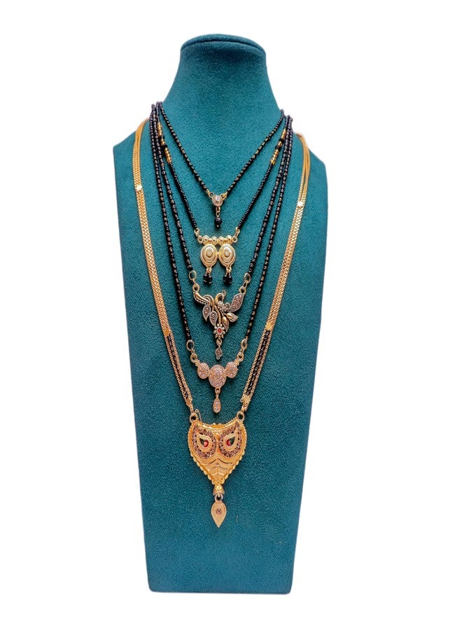 Shivarth Fancy Jewellery Mangalsutra for Women Ladies Girls South Indian Traditional Golden Color Maharashtrian Chain Mangal Sutra Pendant Tanmaniya Black golden Nallapusalu Chains Pack Of 5 - Image 2