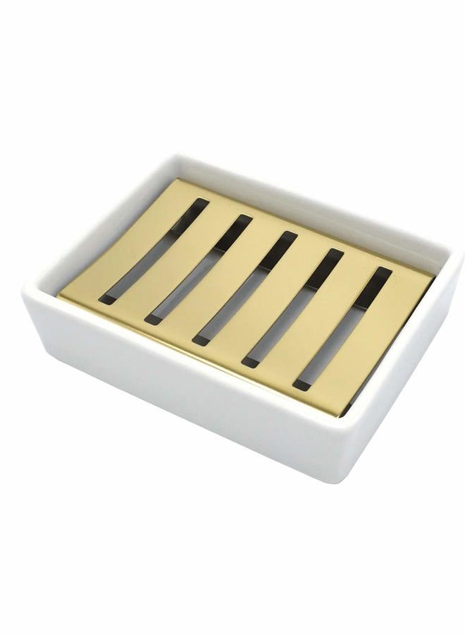 Lofekea Ceramic Soap Dish Gold Stainless Steel Soap Holder for Shower and Bathroom Double Layer Draining Soap Box - Image 1