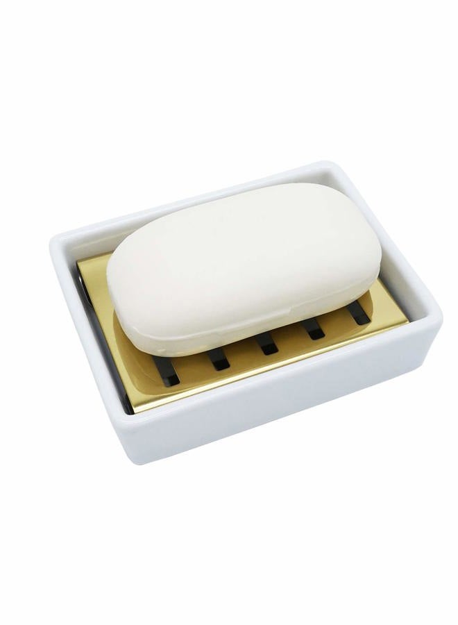 Lofekea Ceramic Soap Dish Gold Stainless Steel Soap Holder for Shower and Bathroom Double Layer Draining Soap Box - Image 2
