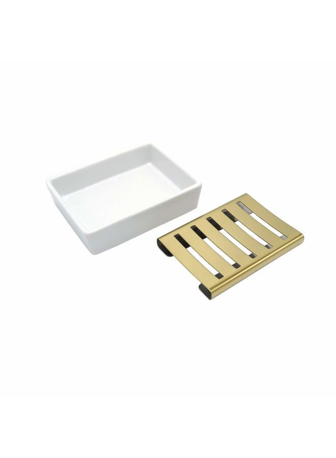 Lofekea Ceramic Soap Dish Gold Stainless Steel Soap Holder for Shower and Bathroom Double Layer Draining Soap Box - Image 4