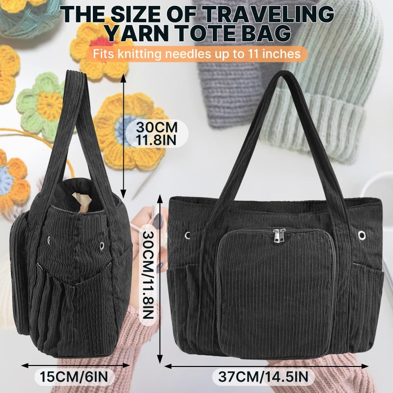 ORKELS Large Corduroy Crochet Tote & Yarn Bag â€“ Portable Organizer for Yarn, Hooks & Accessories â€“ Ideal Gift for Crocheters, Black - Image 2
