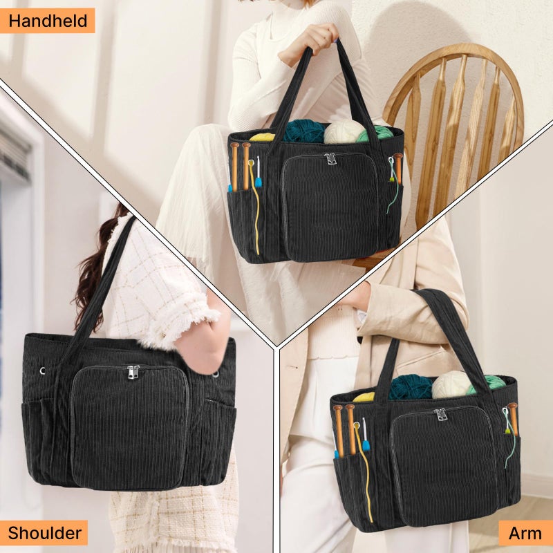 ORKELS Large Corduroy Crochet Tote & Yarn Bag â€“ Portable Organizer for Yarn, Hooks & Accessories â€“ Ideal Gift for Crocheters, Black - Image 5