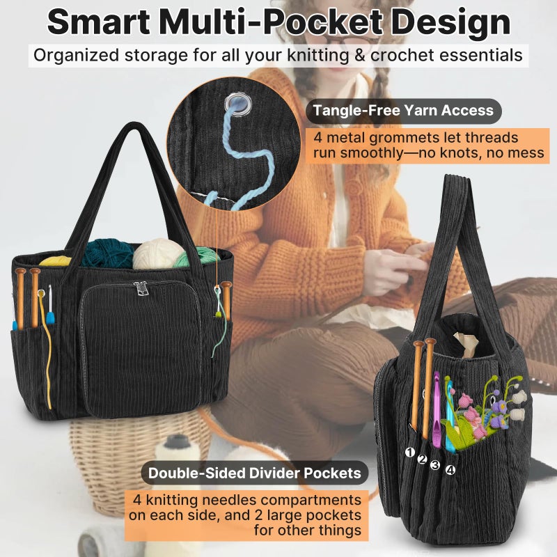 ORKELS Large Corduroy Crochet Tote & Yarn Bag â€“ Portable Organizer for Yarn, Hooks & Accessories â€“ Ideal Gift for Crocheters, Black - Image 4