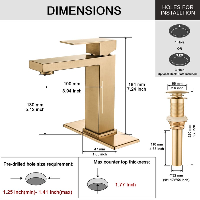 AVSIILE Brushed Gold Bathroom Faucet, Golden Single Hole Vanity Bath Faucet, Single Handle Modern Stainless Steel Bathroom Faucets for Sink 1 Hole with Pop Up Drain Stopper & Water Supply Hoses - Image 3