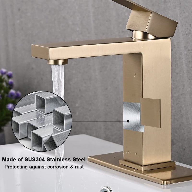 AVSIILE Brushed Gold Bathroom Faucet, Golden Single Hole Vanity Bath Faucet, Single Handle Modern Stainless Steel Bathroom Faucets for Sink 1 Hole with Pop Up Drain Stopper & Water Supply Hoses - Image 5