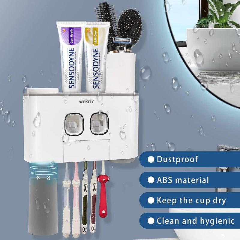 Wekity Toothbrush Holder Wall Mounted, Multi-Functional Toothbrush and Toothpaste Dispenser for Bathroom, with 5 Toothbrush Slots, 2 Toothpaste Squeezers and 4 Cups(Grey) - Image 3
