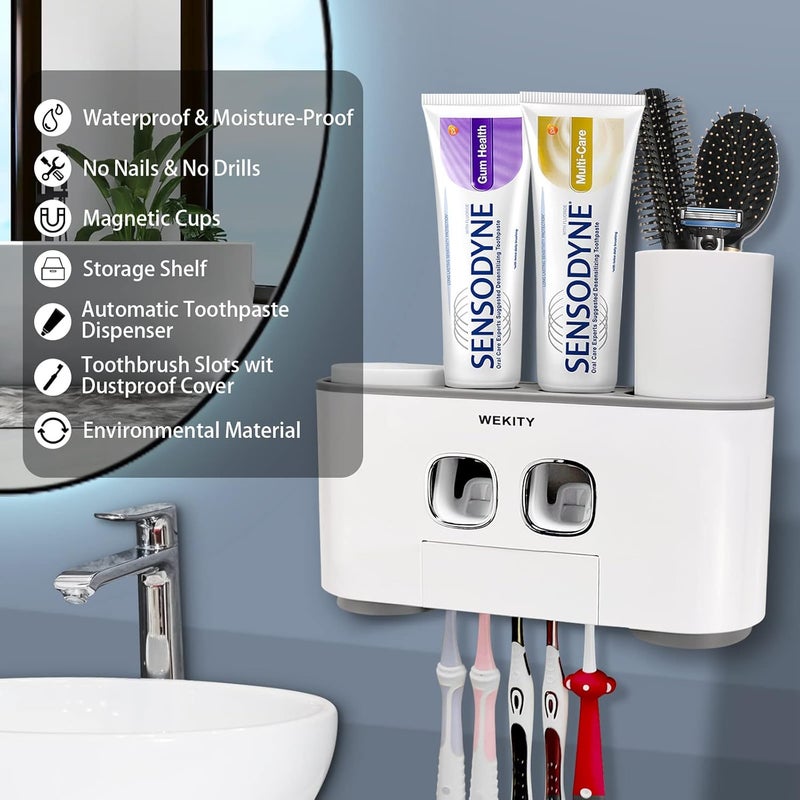 Wekity Toothbrush Holder Wall Mounted, Multi-Functional Toothbrush and Toothpaste Dispenser for Bathroom, with 5 Toothbrush Slots, 2 Toothpaste Squeezers and 4 Cups(Grey) - Image 2