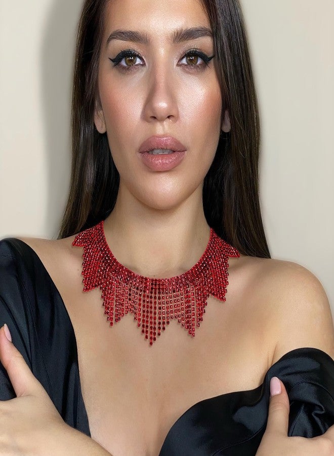 Flyonce Red Rhinestone Choker Necklace for Women, Red-Tone - Image 3