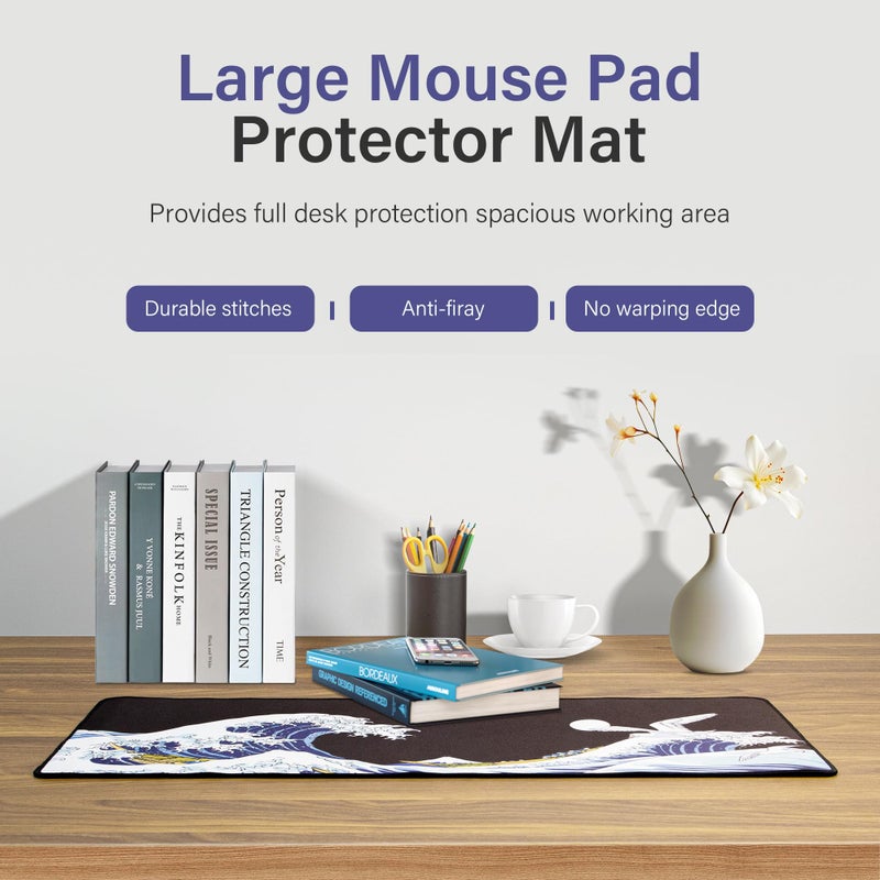 HITIME XVX Japanese Sea Wave Large Mouse Pad for Desk, Desk Mat with Seamed Edges, Waterproof Desk Pad, Gaming Mouse Pad Non-Slip Rubber Base, 31.5x11.8 Inch 3mm Thick Keyboard Pad Computer Mat, Kanagawa - Image 2
