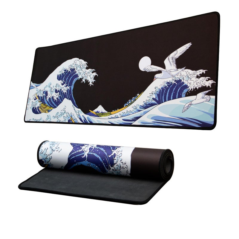 HITIME XVX Japanese Sea Wave Large Mouse Pad for Desk, Desk Mat with Seamed Edges, Waterproof Desk Pad, Gaming Mouse Pad Non-Slip Rubber Base, 31.5x11.8 Inch 3mm Thick Keyboard Pad Computer Mat, Kanagawa - Image 1