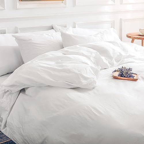 NEXHOME PRO Cotton Duvet Cover Set King Size Linen Feel White Organic Natural 100 Washed Cotton Duvet Cover Set 3 Pieces Bedding Set with Zipper Closure Lightweight and Breathable No Comforter