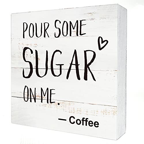 HDKY Coffee Wood Box Sign Kitchen Home Decor, Rustic Funny Pour Some Sugar on Me Wooden Box Sign Block Plaque for Wall Tabletop Desk Decoration Coffee Lover Gift