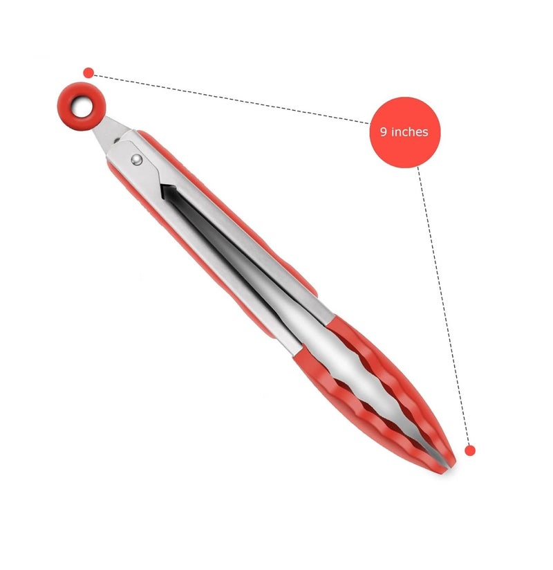 Baskety Tongs Non-Stick Stainless Steel Silicone Kitchen Food Cooking Tongs (9 Inch Red) - Image 2
