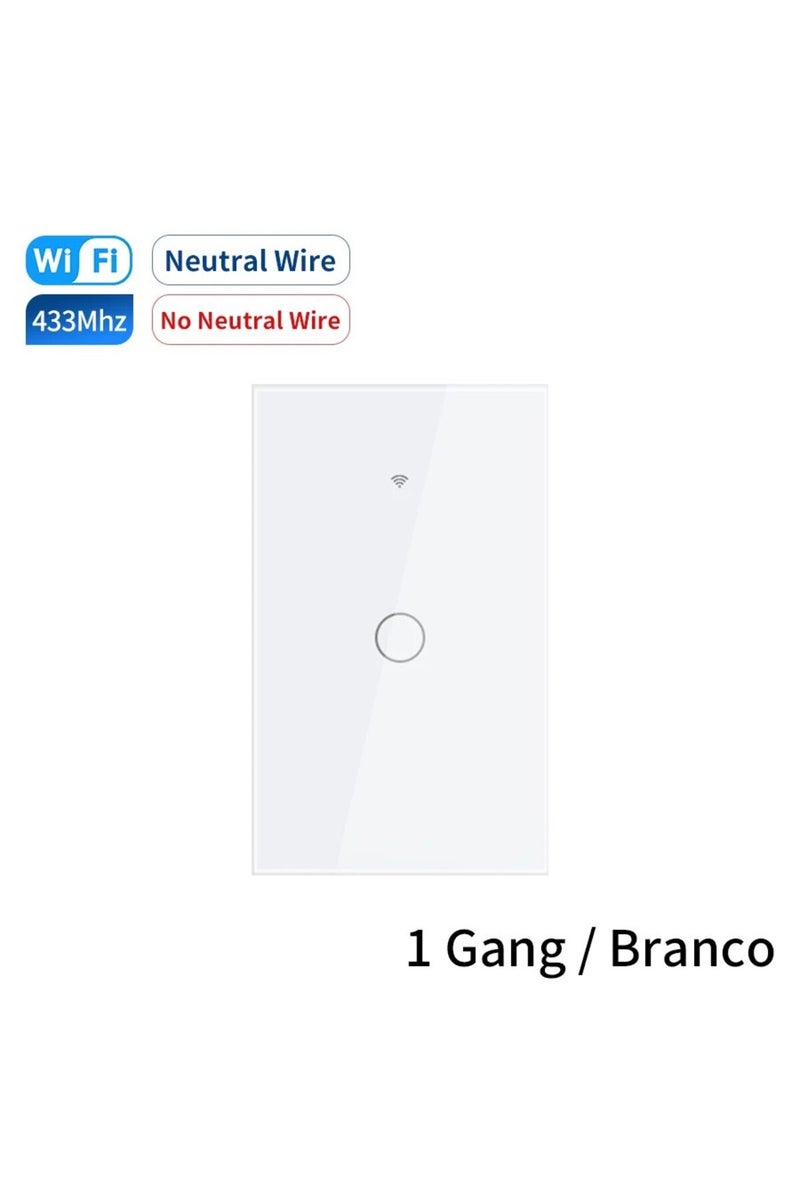مفتاح إضاءة ذكي من Tuya يعمل بتقنية الواي فاي، مزود بمقبس أمريكي أبيض أحادي المخرج، مع سلك محايد/بدون سلك محايد، يعمل باللمس على الحائط.