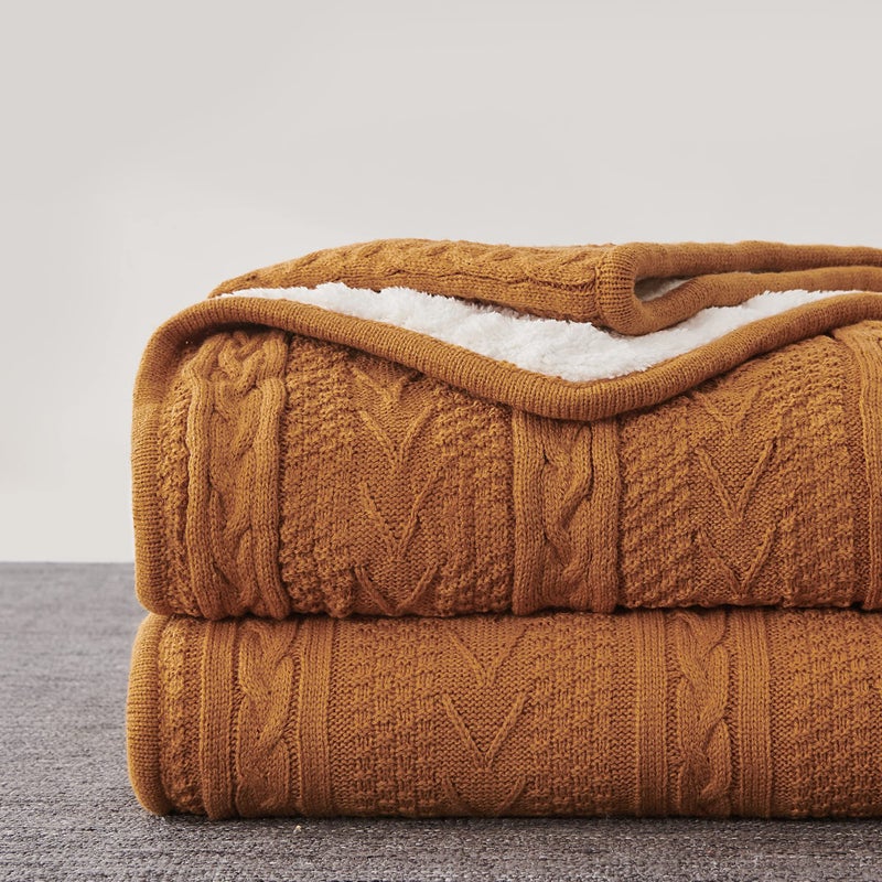 Longhui bedding Acrylic Cable Knit Sherpa Throw Blanket Thick Soft Big Cozy Burnt Orange Knitted Fleece Blankets for Couch Sofa Bed Large 60 x 80 Inches Coverlet All Season