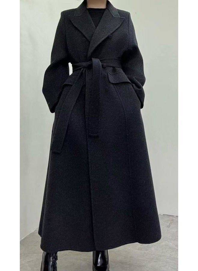 CHARTOU Women Long Winter Wool Pea Coat Lapel Double Breasted Trench Over Coat with Belt, Black, M - Image 2