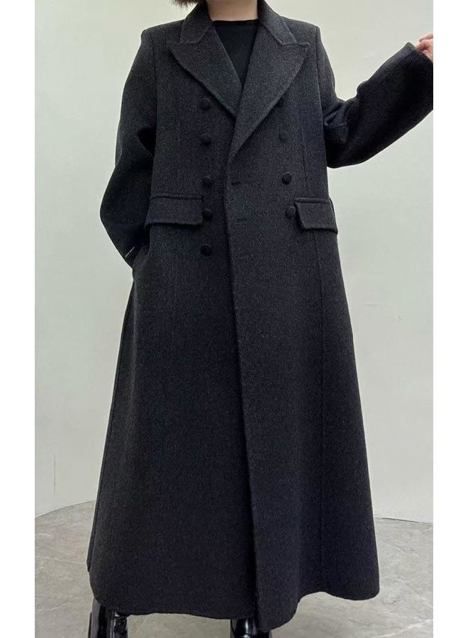 CHARTOU Women Long Winter Wool Pea Coat Lapel Double Breasted Trench Over Coat with Belt, Black, M - Image 3