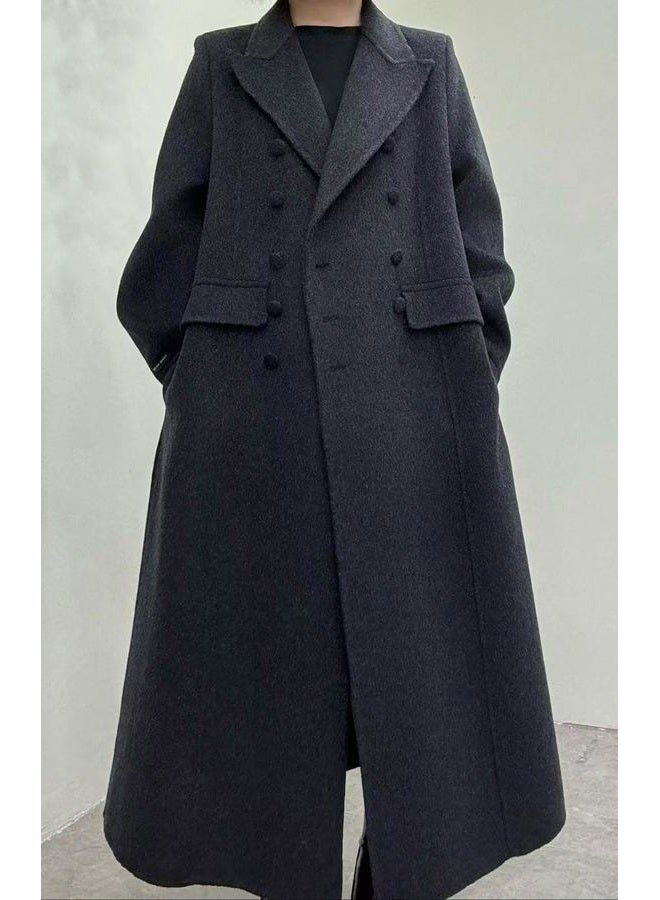 CHARTOU Women Long Winter Wool Pea Coat Lapel Double Breasted Trench Over Coat with Belt, Black, M - Image 4