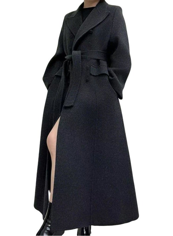 CHARTOU Women Long Winter Wool Pea Coat Lapel Double Breasted Trench Over Coat with Belt, Black, M - Image 1