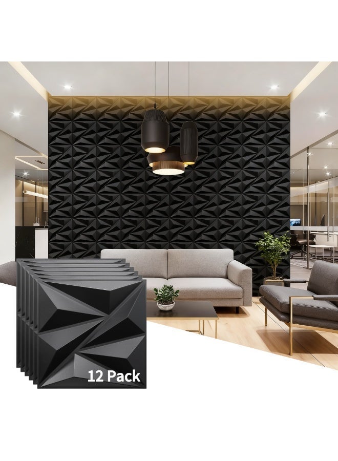 12 Pack 3D Wall Panels for Interior Wall Decor, Black Diamond Design Accent Wall Panels, Modern Decorative Wall Panels for Living Room, Lobby, Office (Black) - Image 1