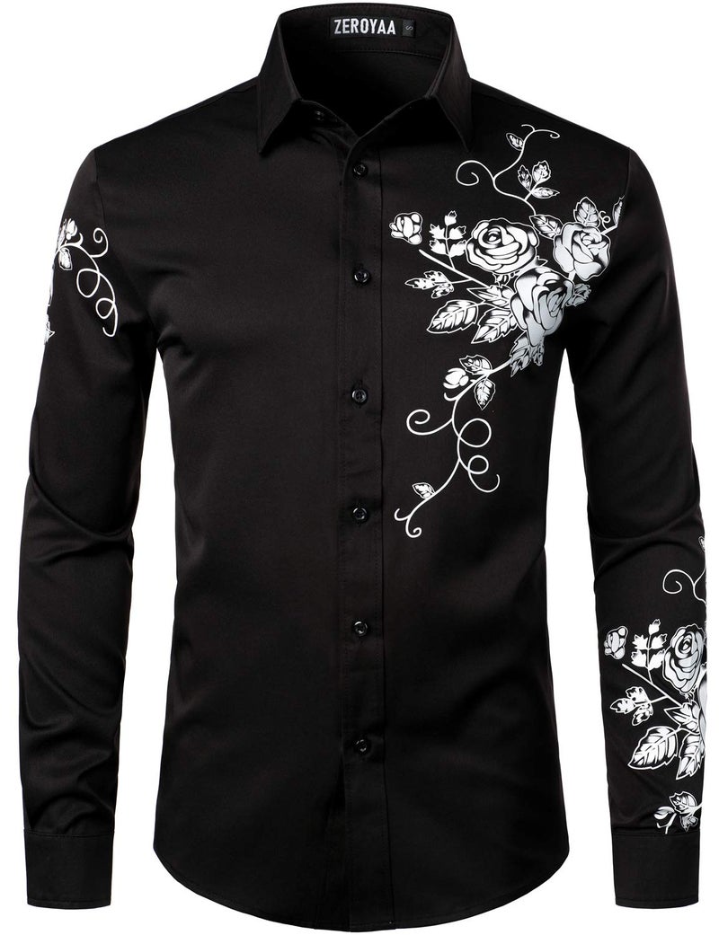 ZEROYAA Men's Hipster Rose Floral Printed Slim Fit Long Sleeve Button Up Party Dress Shirts ZZCL63 Black White Large - Image 1