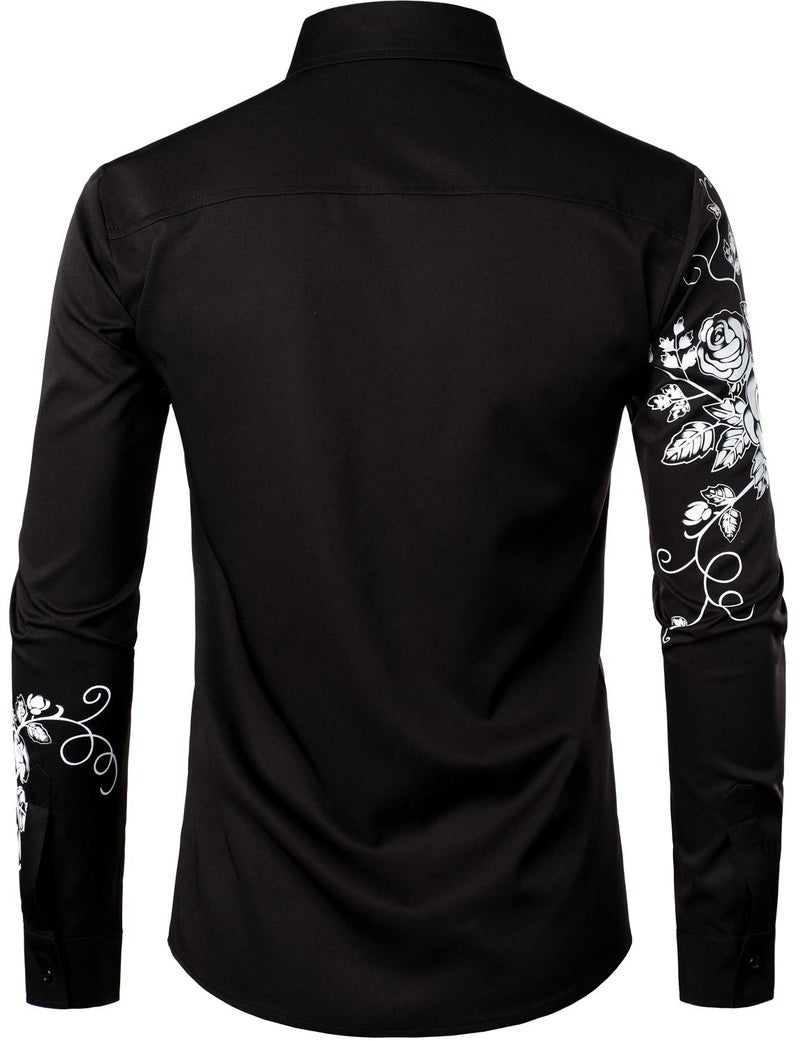 ZEROYAA Men's Hipster Rose Floral Printed Slim Fit Long Sleeve Button Up Party Dress Shirts ZZCL63 Black White Large - Image 3