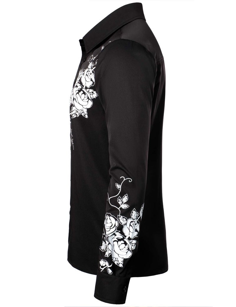 ZEROYAA Men's Hipster Rose Floral Printed Slim Fit Long Sleeve Button Up Party Dress Shirts ZZCL63 Black White Large - Image 2